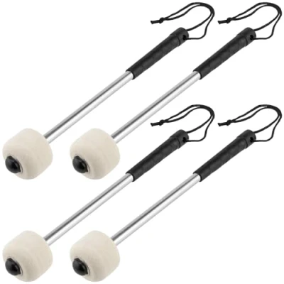 Imagen de YUENPUN 4 baquetas de tambor con cabeza mazo, mazo bajo mango acero inoxidable, mazos metal, tambor, fieltro lana, accesorio banda
