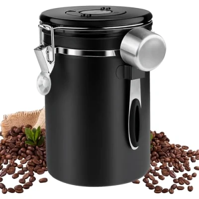 Imagen de Nizirioo Lata de café 1,8 L, hermética, acero inoxidable, recipiente café, hermético, con cuchara, granos almacenamiento indicador fecha, color negro