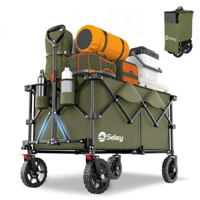 Imagen de Sekey XXL Plus Carro Plegable con Rueda Frenos 200L 150KG, Carrito Transporte para Playa Camping Jardín, Patentado en Cuatro Direcciones SE4010, Verde Oliva