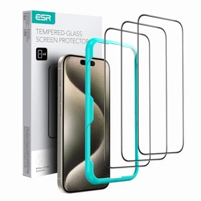 Imagen de ESR Protector Pantalla para iPhone 15 Pro MAX, 3 Piezas, Cristal Templado Ultra Resistente Arañazos, Marco Instalación Fácil, Protección Grado Militar