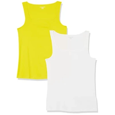 Imagen de Amazon Essentials Camiseta sin Mangas con Cuello Cuadrado y Corte Ajustado Mujer, Pack de 2, Blanco/Amarillo Limón, XXL