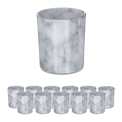 Imagen de Relaxdays Set 12 Portavelas Vidrio, Efecto Mármol, Vasos Porta Velas Cristal, 8,5 x 7 cm, Decoración Centro Mesa, Gris