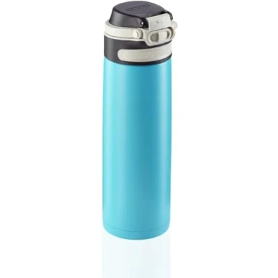 Imagen de Leifheit Vaso térmico Flip (600 ml) con tapón de rosca, taza hermética bloqueo adicional contra fugas, termo portátil, una mano, azul claro