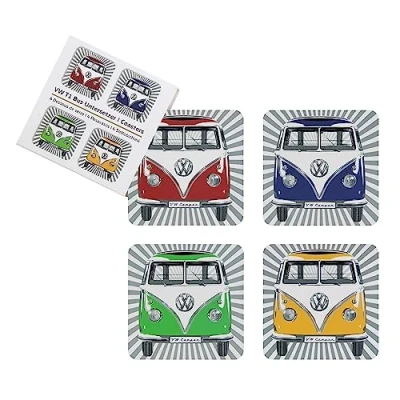 Imagen de BRISA VW Collection Posavasos de Corcho para Vasos Bebidas Volkswagen con Revestimiento MDF T1 Camper Bus (Conjunto 4/Franjas Samba)