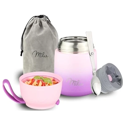 Imagen de Milu Termo para Comida 450 ml Taza Aislada, Botella de Acero Inoxidable Aislada Alimentos, Beber y sopa los niños adultos Térmico (450ml/Violeta Rosa)