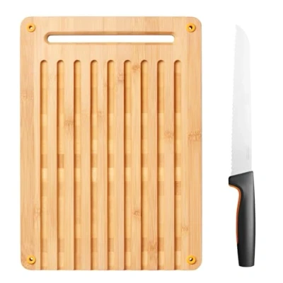 Imagen de Fiskars Tabla de cortar y cuchillo para pan bambú, Functional Form, Bambú/acero inoxidable japonés/plástico, 1057551