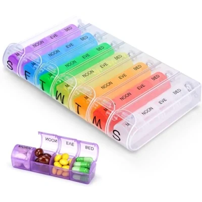 Imagen de Alyvisun Pastillero Semanal 4 Tomas, Diario 7 Dias Diaria con 28 Compartimentos, Multicolor Pequeño para viajes de trabajo