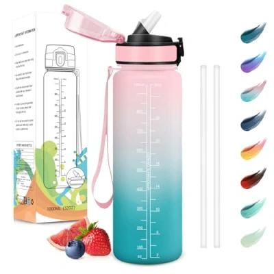 Imagen de Motswedi Botella Agua 1 Litro, Sin BPA, con Pajita, Reutilizable, Gimnasio, a Prueba de Fugas, Agua, Cantimplora para Gym, Yoga, Oficina, Escuela, Rosa Verde