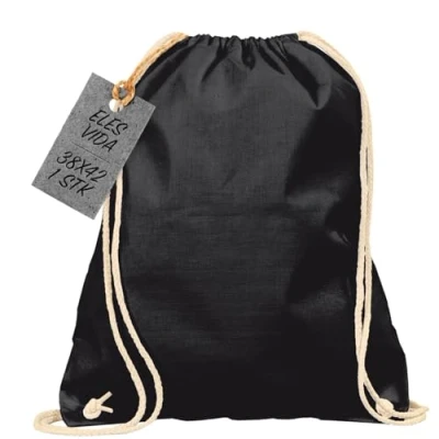 Imagen de ELES VIDA Bolsa de Deporte algodón, Certificado Oeko Tex, Cuerdas, Gimnasia (negro, 38x42cm)