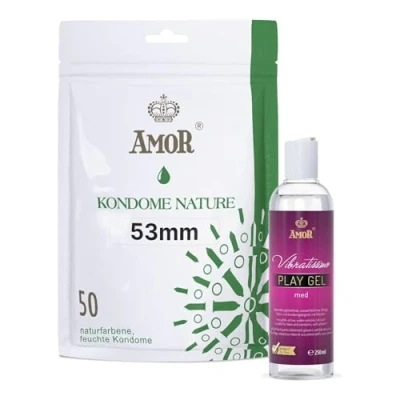 Imagen de Vibratissimo Play Gel med 250 ml y 50 Condones AMOR Nature I Lubricación a base de agua, 53 mm lubricante para juguetes látex ultrafinos sensación natural