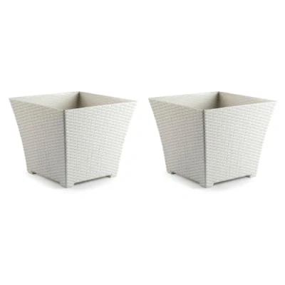 Imagen de AC Pack de 2 macetas Cuadrada Fabricación en plástico Diseño Rattan Ideal como macetero, Tiesto, Recipiente para Plantas, Flores, balcón, terraza, jardín 25 cm Color Blanco Marfil