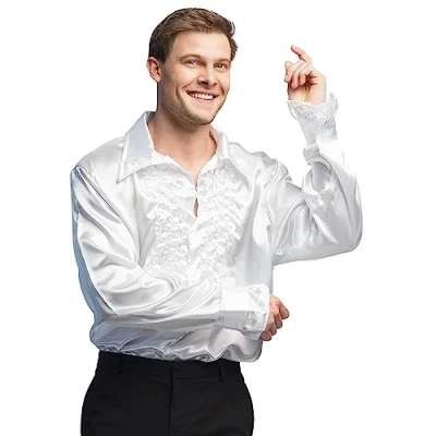 Imagen de Boland camisa disco con volantes, blanca, para hombre, disfraz, fiesta, Schlager move, años 70, fiesta temática, carnaval