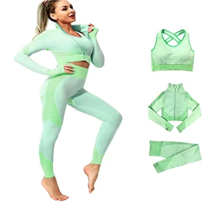Imagen de Veriliss 3 Piezas Mujer Yoga Traje Entrenamiento Para, Gym Mallas de Sin Costuras y Sujetador Deportivo Elástico Ropa Gimnasio