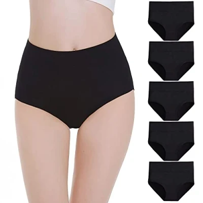 Imagen de Falechay Bragas Mujer Algodón Cintura Alta Pack de 5 Negro,3XL