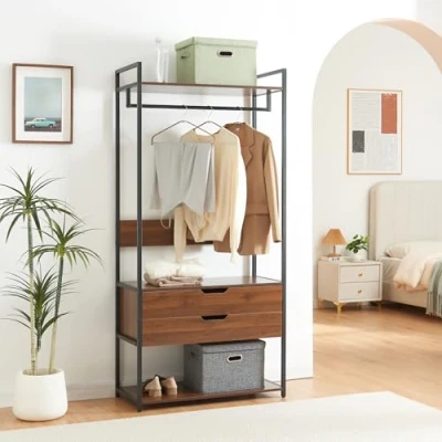 Imagen de [en.casa] Perchero Burro Larem de Estructura Metálica con Barra y Estante Superior Ropa 1 Compartimento Abierto 2 Cajones Armario para Entrada MDF 180 x 84 40 cm Efecto Nogal