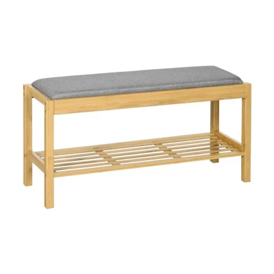 Imagen de HOMCOM Banco Zapatero de Bambú con Asiento Tapizado para 3 Pares Zapatos Estante Listones Entrada Pasillo 90x30x46 cm Natural