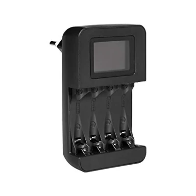 Imagen de Amazon Basics Cargador de Inteligente y Digital para AA, AAA Pilas, 4 Canales Carga Individuales, Negro