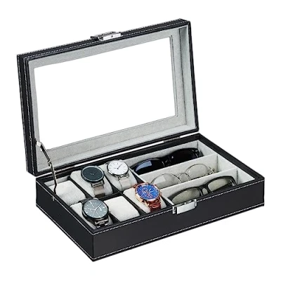 Imagen de Relaxdays Almacenamiento Joyero, Organizador Joyas, Caja Accesorios, Relojero, Almacenaje Joyería, Gafas y Relojes, 9x33x20,5cm, Negro, Tablero de Fibras, 9 x 33 20.5 cm