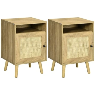 Imagen de HOMCOM Conjunto de 2 Mesitas Noche Mesillas con Puertas Ratán Compartimientos Abiertos y Antivuelco Mesas Auxiliares para Dormitorio Salón 39x35x60 cm Natural