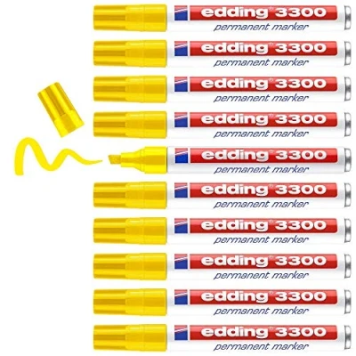 Imagen de edding 3300 marcador permanente amarillo 10 rotuladores punta biselada 1 5 mm indeleble de secado rápido resistente al agua y a los borrones cartón,plástico,madera, metal,tela universal
