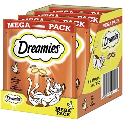 Imagen de Dreamies Salchico clásico para Gatos con Pollo, Textura crujiente y Relleno cremoso, 4 x 180 g