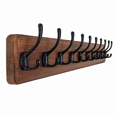 Imagen de SKOLOO perchero rústico grande montado en la pared: largo de 98cm para pared, gancho madera maciza pino 10 ganchos colgar ropa mochila abrigos