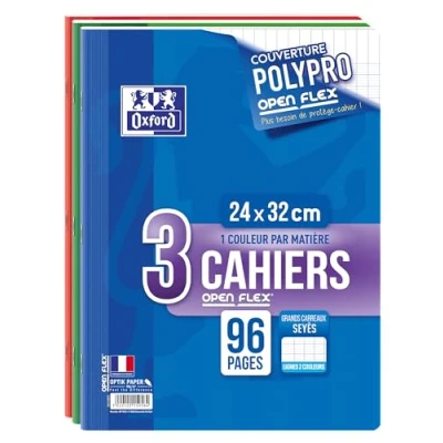 Imagen de Oxford Juego de 3 cuadernos OpenFlex 24 x 32 cm, grandes, 96 hojas cuadriculadas, tapa polipropileno, 90 g, colores surtidos