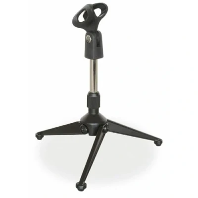 Imagen de Vonyx TS02 Soporte de micrófono en ABS con tres patas plegables para sobremesa varias roscas diferentes pinzas micrófono. Altura máxima 18 cm. Color negro