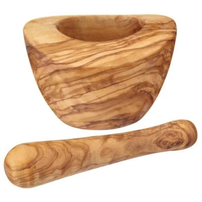 Imagen de KitchenCraft: World of Flavours Juego de Mortero y Maja, Madera Olivo Tallada a Mano, 2 Unidades