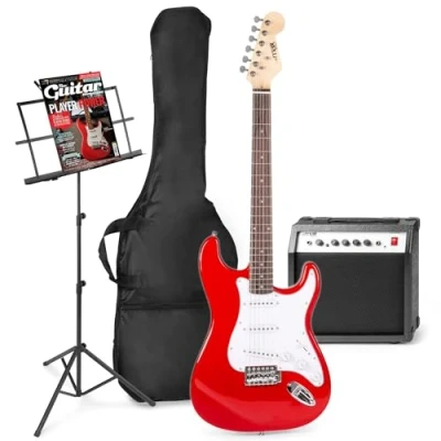 Imagen de MAX GigKit Pack guitarra eléctrica Amplificador de 40 vatios, eléctrica, atril, funda guitarra, afinador, cable instrumento, correa y accesorios Rojo