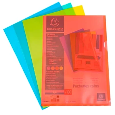 Imagen de Exacompta Ref. 58509E Bolsa de 100 fundas esquinas Polipropileno granulado Grosor ultra grueso 12/100º Tamaño A4 4 colores surtidos