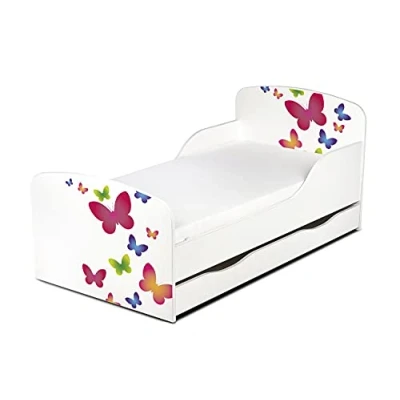 Imagen de Leomark Cama Infantil Completa de Madera Mariposas Marco Cama, Colchón, Somier, cajón, Blanco Muebles para Niños, Moderno Dormitorio, Impresa Mobiliario, Espacio Dormir: 140/70 cm