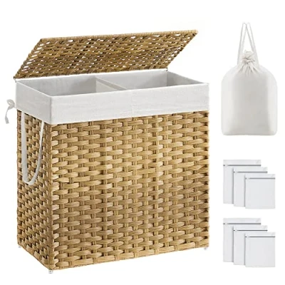 Imagen de SONGMICS Cesto de Ropa Sucia con Tapa, Cesta 130 L, 2 Compartimentos, Bolsa Extraíble Asas, Tejido a Mano, para Dormitorio, Baño, Lavandería, 33 x 66 60 cm, Natural LCB253N01