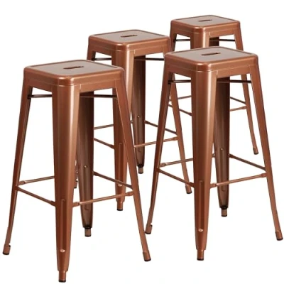 Imagen de Flash Furniture Juego de 4 taburetes bar, grado comercial, 76 cm, sin respaldo, metal, para interiores y exteriores, asiento cuadrado, hierro, plástico, color cobre