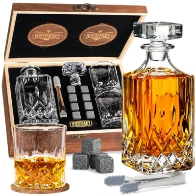 Imagen de WHISISKEY Decantador de Whisky Jarra 700ml Set Regalo Regalos Originales para Hombres 2 Vasos Whiskey x 310ML, 8 Piedras Whisky, Accesorios