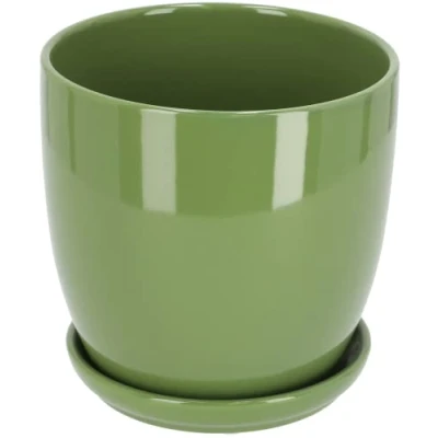 Imagen de KOTARBAU® Macetero con Plato de Ceramica esmaltada, 15 cm, Maceta para Interiores y Exteriores, Tiesto Decorativo Plantas, Verde, Orificio Drenaje