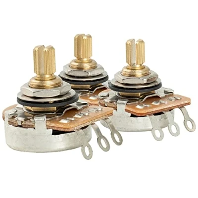 Imagen de Musiclily Pro HD A250K+B250K Latón Tamaño Pulgadas Fino 24 estrías Split Shaft Potenciómetros Audio Taper para Guitarra Eléctrica Bajo(Set de 2A1B)