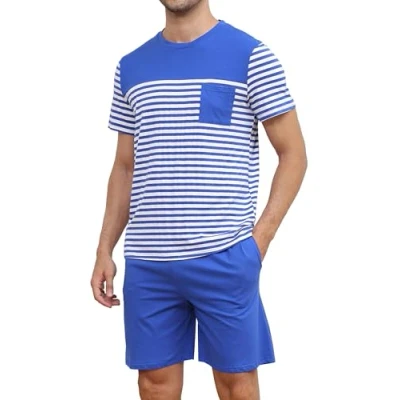 Imagen de Reliwel Pijama Hombre Verano Algodón Camisetas de a Rayas Manga Corta y Pantalones Cortos para Dormir Ropa 2 Piezas con Bolsillos S XXL