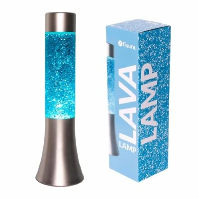 Imagen de Fisura Lámpara de lava azul purpurina. 30 cm con base cromada, líquido y 9 x cm.