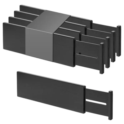 Imagen de Utoplike 4 separadores de cajones elevados bambú, organizador ajustable para ropa, grandes insertos madera con muelle, utensilios, cosméticos en cocina y baño, negro