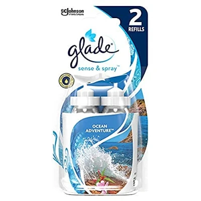 Imagen de Glade Ambientador Sense &amp; Spray, eliminador automático de olores activado por movimiento para el hogar, recarga 18 ml, Ocean Adventure, 2 recambios