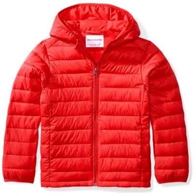 Imagen de Amazon Essentials Chaqueta Acolchada con Capucha, Plegable, Ligera y Resistente al Agua Niño, Rojo, 11 12 años