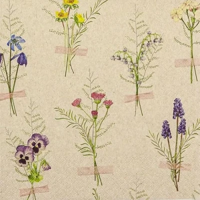 Imagen de 20 Servilletas sostenibles De papel reciclado flores primavera encuadernadas como decoración mesa. con diseño. material ecológico y sostenible 33 x cm