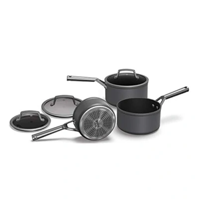 Imagen de Ninja Foodi ZEROSTICK juego de 3 cazos con tapa vidrio, duraderos, antiadherentes, aluminio anodizado duro, compatibles inducción, aptos para lavavajillas y horno, en gris, C33000EU