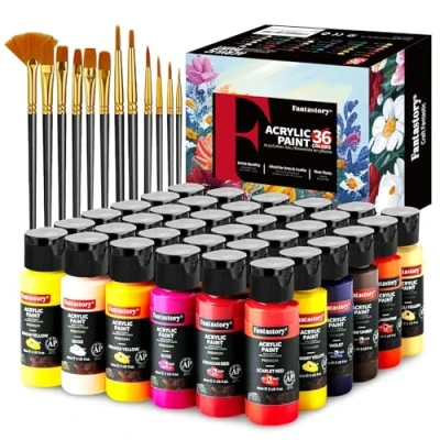 Imagen de Fantastory Pinturas Acrilicas 36x60ml,12 pinceles; acrylic paint;Resistente al agua,alta resistencia a la luz,no tóxico;Para manualidades,lienzos,madera;profesionales, principiantes [SerieProfesional]