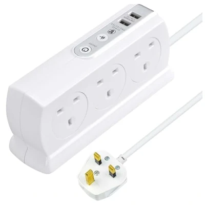Imagen de Masterplug Regleta de 6 Tomas con protección contra sobretensiones y 2 Puertos USB, m, Color Blanco