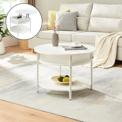 Imagen de [en.casa] Mesa de Centro Kandas Baja Redonda con Tablero Elevable Compartimento Interno y Estante Mueble Auxiliar Mesita para Salón 70 x 49 cm Blanco
