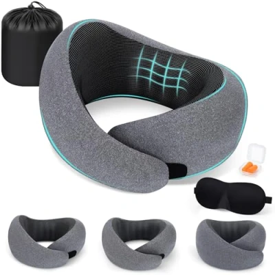 Imagen de Zepphi Almohada de Viaje para Cuello, Cojin Cervical 100% Espuma Memoria, Cuello con Máscara Ojos 3D, Tapones y Bolsa, Ideal Oficina Avión Tren Coche (Gris)