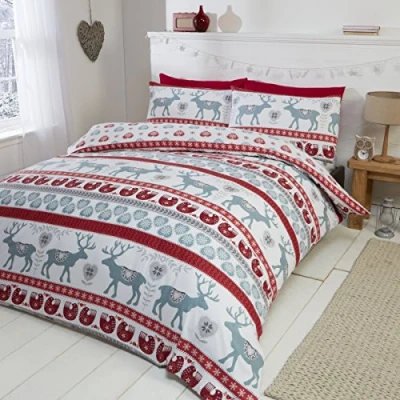 Imagen de Christmas Hearts 100% Brushed Cotton Juego de Ropa Cama Compuesto por Funda nórdica y 2 Fundas Almohada, Material: Franela algodón, Color: Rojo, Red/Multi Colour, Doble