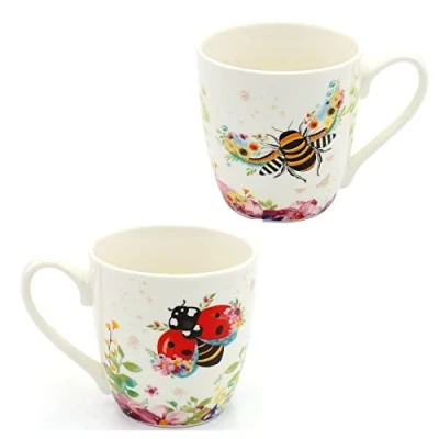 Imagen de Dekohelden24 Juego de 2 tazas café porcelana Diseño: abeja y mariquita Tamaño H/Ø: 10 x 9 cm, capacidad 400 ml, apto para lavavajillas